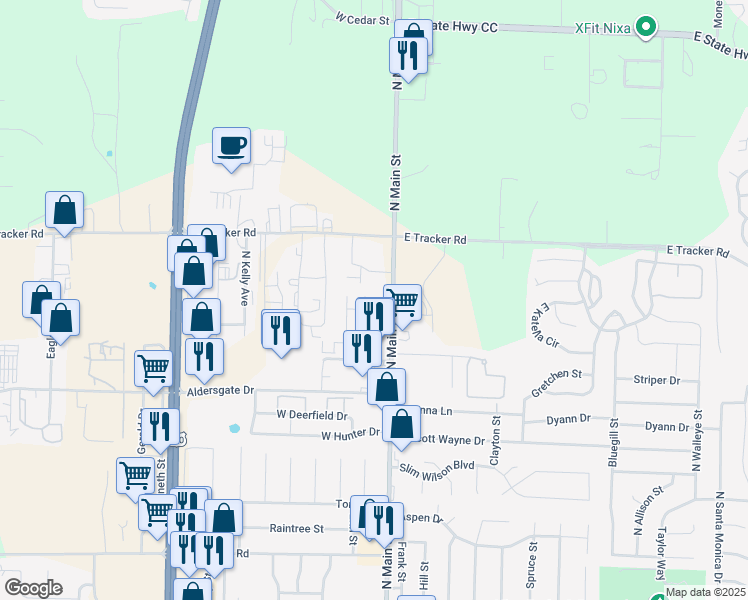 map of restaurants, bars, coffee shops, grocery stores, and more near 1213 Viola Street in Nixa
