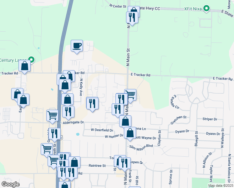 map of restaurants, bars, coffee shops, grocery stores, and more near 1213 Viola Street in Nixa