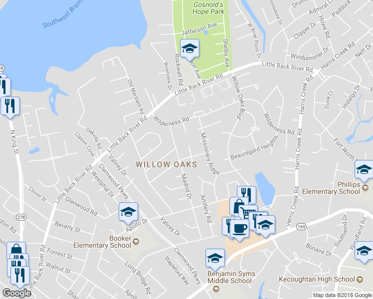 map of restaurants, bars, coffee shops, grocery stores, and more near 313 Orange Plank Road in Hampton