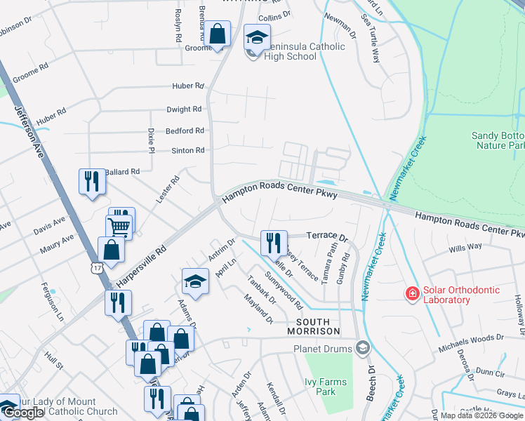 map of restaurants, bars, coffee shops, grocery stores, and more near 814 Roberto Drive in Newport News