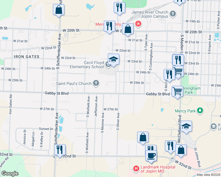 map of restaurants, bars, coffee shops, grocery stores, and more near 2431 Roosevelt Avenue in Joplin