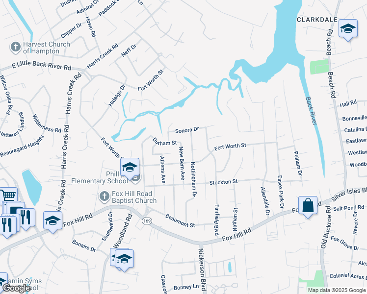 map of restaurants, bars, coffee shops, grocery stores, and more near 810 New Bern Avenue in Hampton