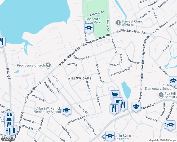 map of restaurants, bars, coffee shops, grocery stores, and more near 45 Madrid Drive in Hampton