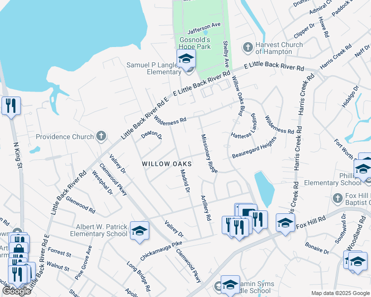 map of restaurants, bars, coffee shops, grocery stores, and more near 313 Orange Plank Road in Hampton