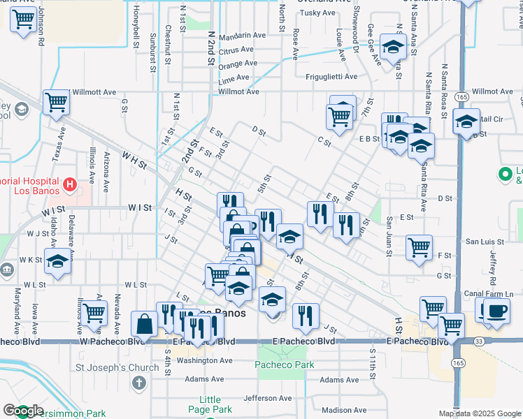 map of restaurants, bars, coffee shops, grocery stores, and more near 461 G Street in Los Banos