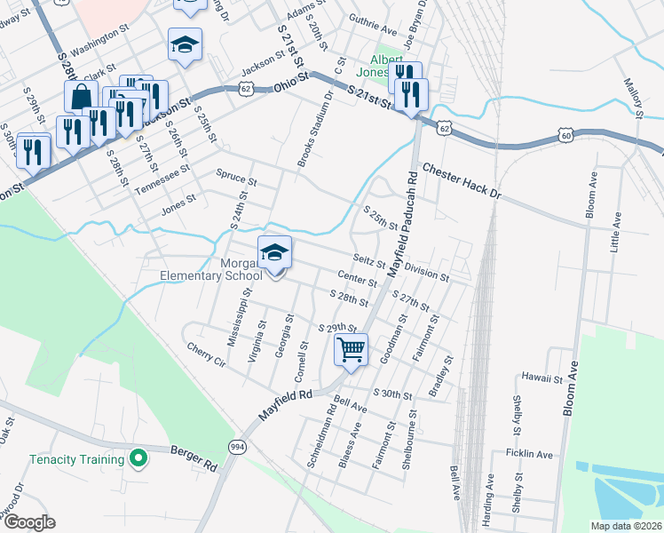 map of restaurants, bars, coffee shops, grocery stores, and more near 2027 Center Street in Paducah