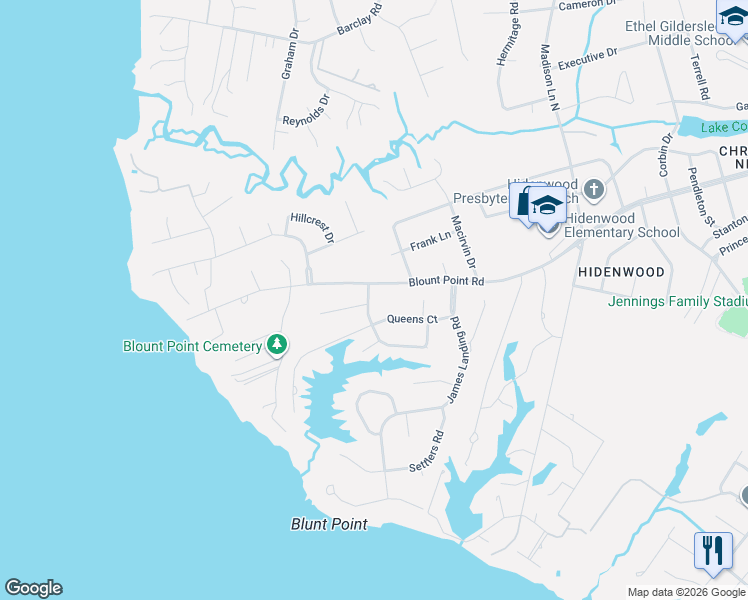 map of restaurants, bars, coffee shops, grocery stores, and more near 3 Paula Maria Drive in Newport News