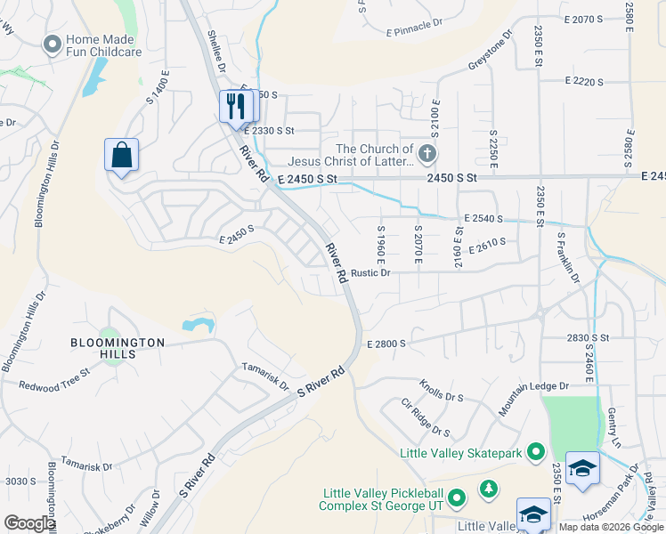 map of restaurants, bars, coffee shops, grocery stores, and more near 1630 East 2450 South in St. George