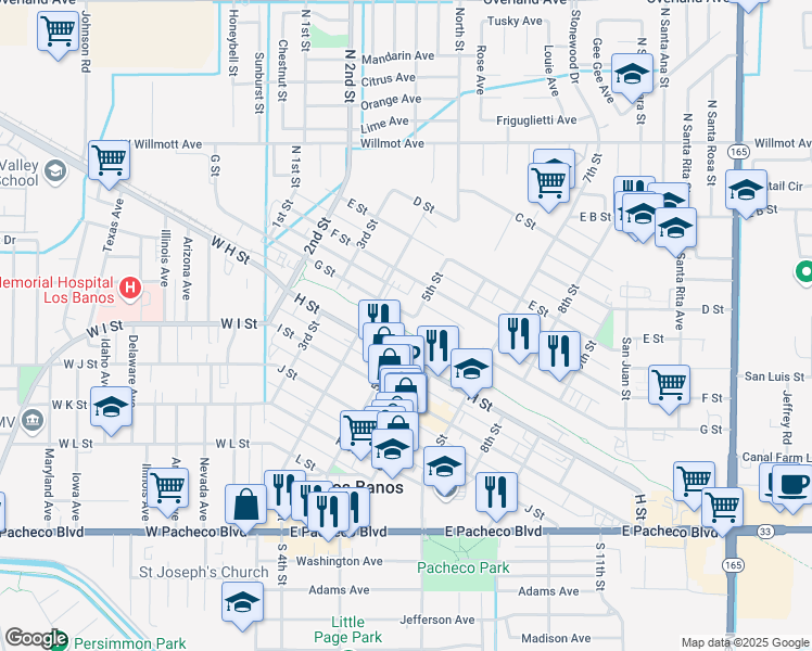 map of restaurants, bars, coffee shops, grocery stores, and more near 461 G Street in Los Banos