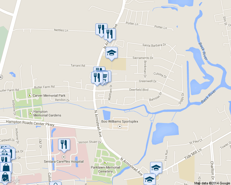map of restaurants, bars, coffee shops, grocery stores, and more near 22 Deerfield Boulevard in Hampton