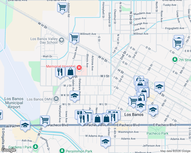 map of restaurants, bars, coffee shops, grocery stores, and more near 222 West I Street in Los Banos
