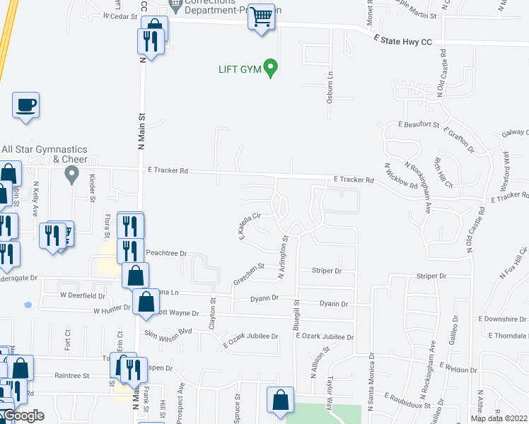 map of restaurants, bars, coffee shops, grocery stores, and more near 564 East Katella Circle in Nixa