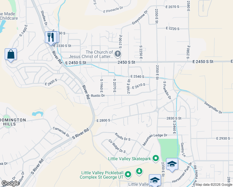 map of restaurants, bars, coffee shops, grocery stores, and more near 2085 Rustic Drive in St. George