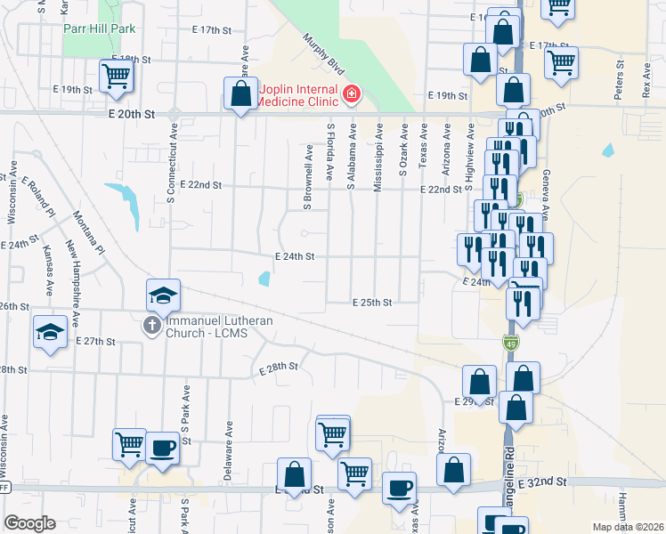 map of restaurants, bars, coffee shops, grocery stores, and more near 2407 South Florida Avenue in Joplin