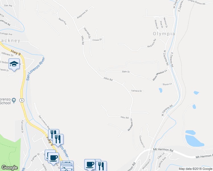 map of restaurants, bars, coffee shops, grocery stores, and more near 7409 Hihn Road in Ben Lomond