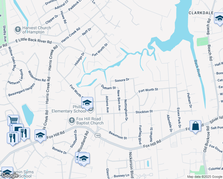 map of restaurants, bars, coffee shops, grocery stores, and more near 426 Durham Street in Hampton