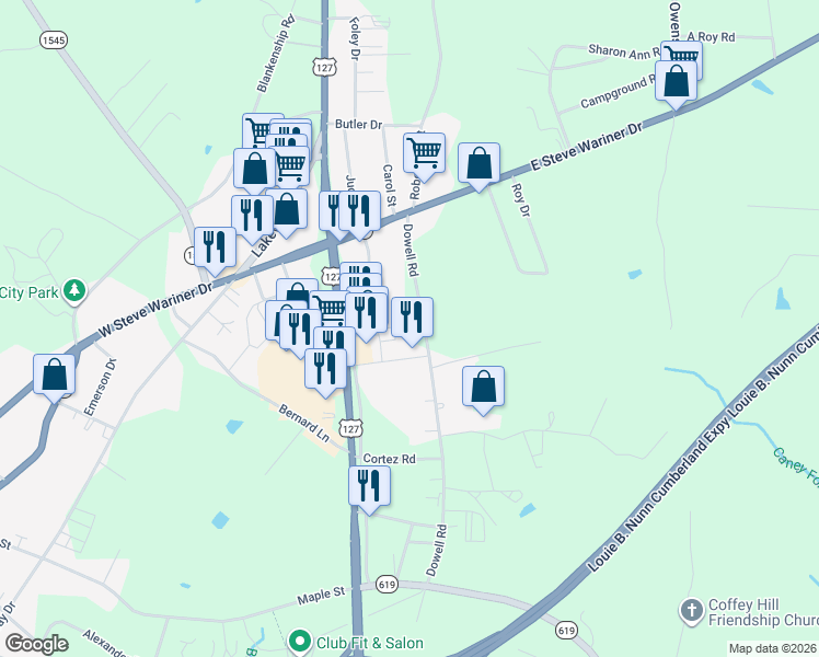 map of restaurants, bars, coffee shops, grocery stores, and more near 338-666 Dowell Rd in Russell Springs