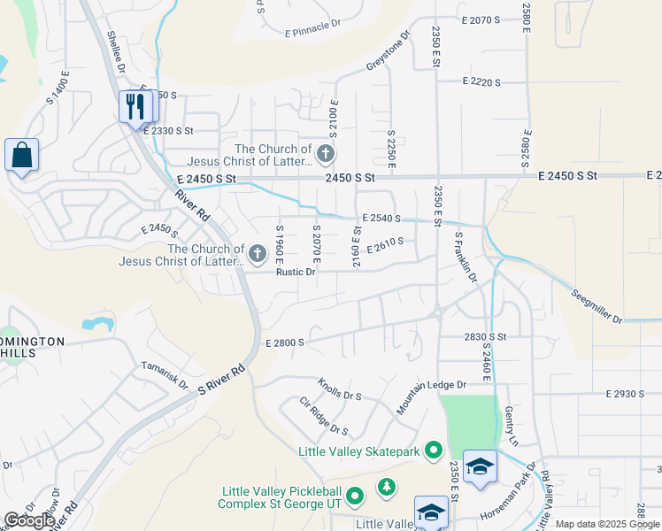 map of restaurants, bars, coffee shops, grocery stores, and more near 2099 Rustic Drive in St. George