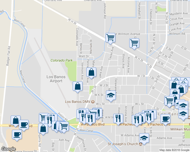map of restaurants, bars, coffee shops, grocery stores, and more near 822 Maryland Avenue in Los Banos