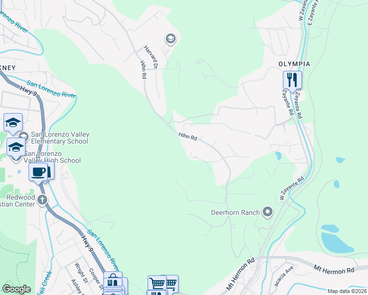 map of restaurants, bars, coffee shops, grocery stores, and more near 7409 Hihn Road in Ben Lomond
