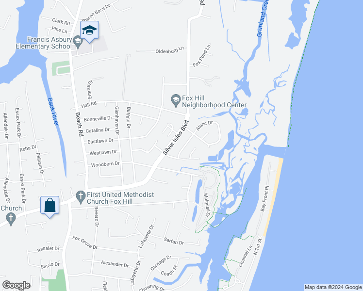 map of restaurants, bars, coffee shops, grocery stores, and more near 117 Alaric Drive in Hampton