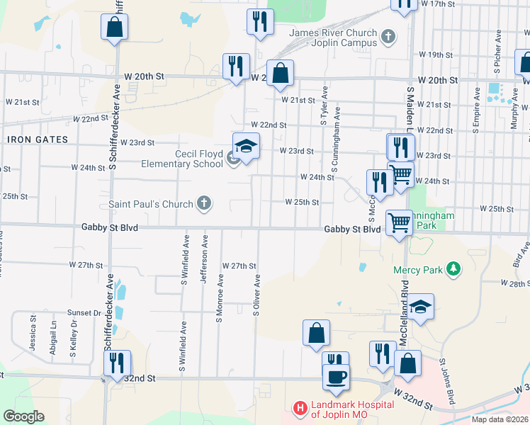 map of restaurants, bars, coffee shops, grocery stores, and more near 2516 South Willard Avenue in Joplin