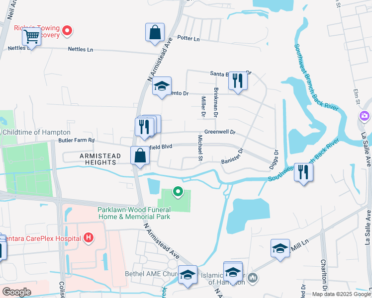map of restaurants, bars, coffee shops, grocery stores, and more near 34 Deerfield Boulevard in Hampton