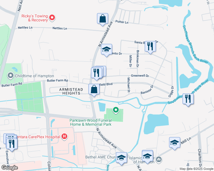 map of restaurants, bars, coffee shops, grocery stores, and more near 22 Deerfield Boulevard in Hampton