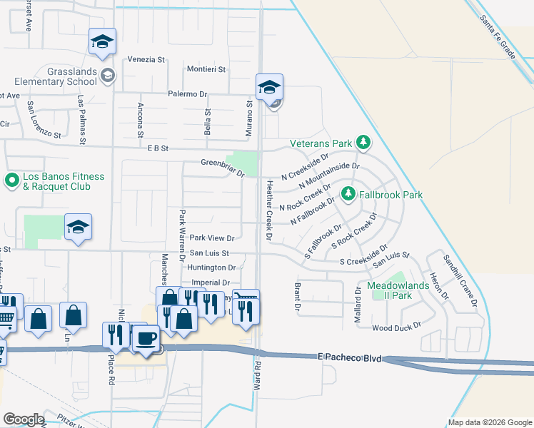 map of restaurants, bars, coffee shops, grocery stores, and more near 489 Heather Creek Drive in Los Banos
