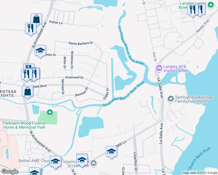 map of restaurants, bars, coffee shops, grocery stores, and more near 108 Diggs Drive in Hampton
