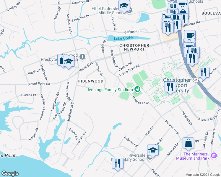 map of restaurants, bars, coffee shops, grocery stores, and more near 21 Jacobs Lane in Newport News