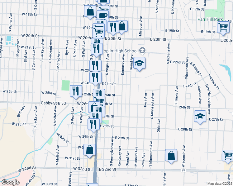 map of restaurants, bars, coffee shops, grocery stores, and more near 2427 Pennsylvania Avenue in Joplin