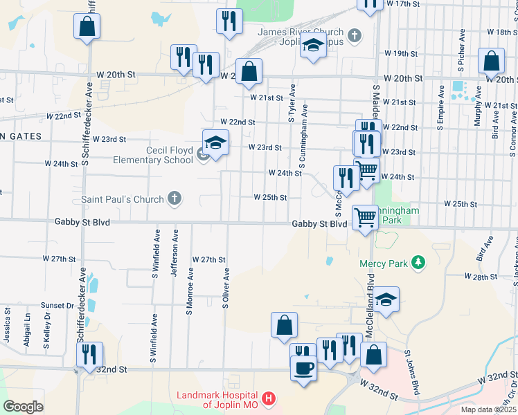 map of restaurants, bars, coffee shops, grocery stores, and more near 2522 South Adele Avenue in Joplin