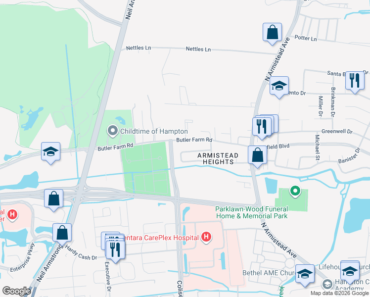 map of restaurants, bars, coffee shops, grocery stores, and more near 73 Rendon Drive in Hampton
