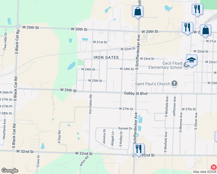 map of restaurants, bars, coffee shops, grocery stores, and more near 2517 South Cleveland Avenue in Joplin
