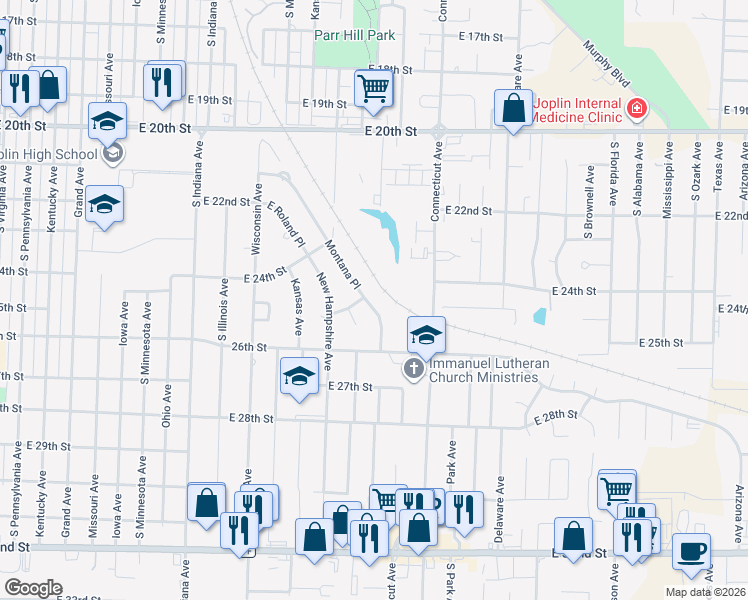 map of restaurants, bars, coffee shops, grocery stores, and more near 2503 Montana Place in Joplin