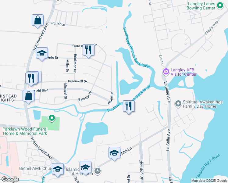 map of restaurants, bars, coffee shops, grocery stores, and more near 108 Diggs Drive in Hampton