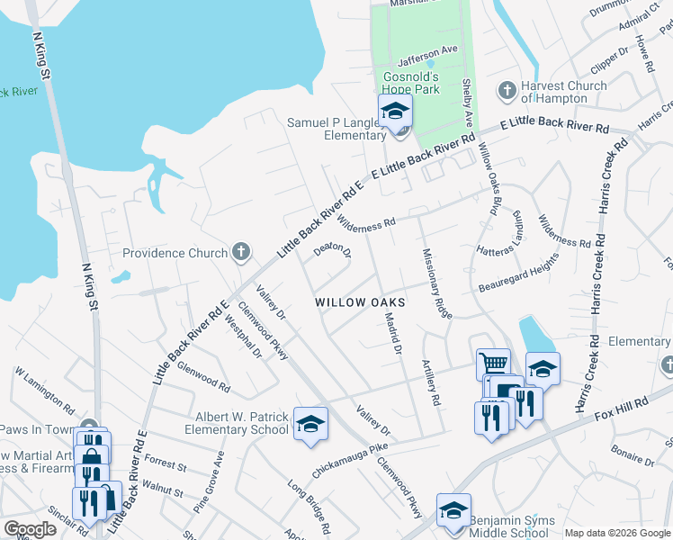 map of restaurants, bars, coffee shops, grocery stores, and more near 5 Coffman Circle in Hampton