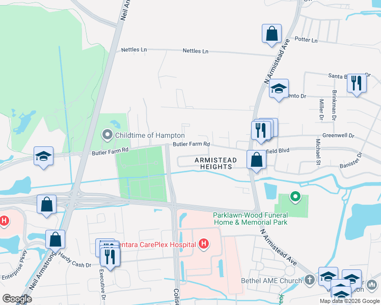 map of restaurants, bars, coffee shops, grocery stores, and more near 73 Rendon Drive in Hampton