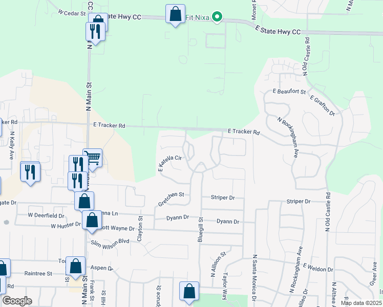 map of restaurants, bars, coffee shops, grocery stores, and more near 1394 North Sandy Creek Circle in Nixa
