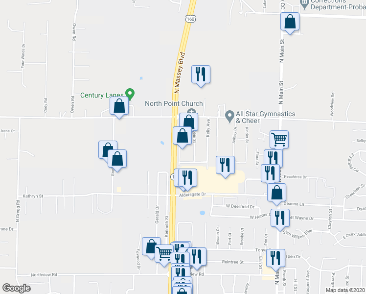 map of restaurants, bars, coffee shops, grocery stores, and more near 1284 Bryan Drive in Nixa