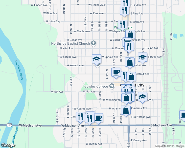 map of restaurants, bars, coffee shops, grocery stores, and more near 201 North 5th Street in Arkansas City