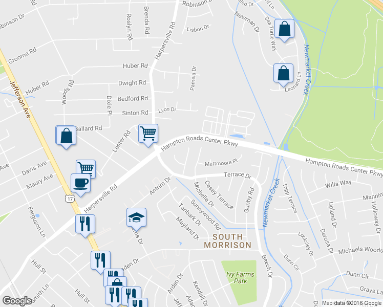 map of restaurants, bars, coffee shops, grocery stores, and more near 814 Roberto Dr in Newport News