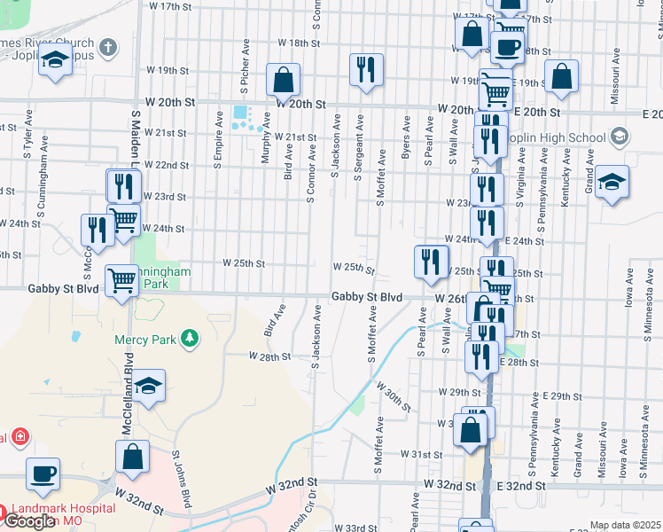 map of restaurants, bars, coffee shops, grocery stores, and more near 2442 South Jackson Avenue in Joplin