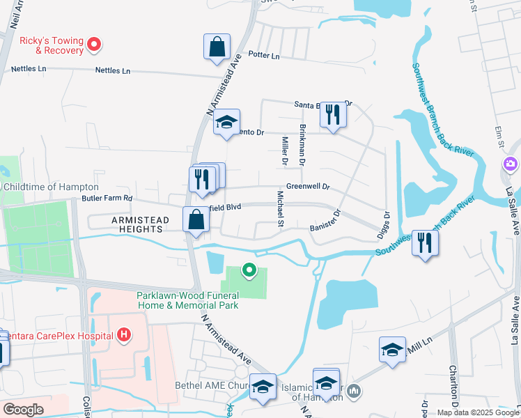 map of restaurants, bars, coffee shops, grocery stores, and more near 34 Deerfield Boulevard in Hampton