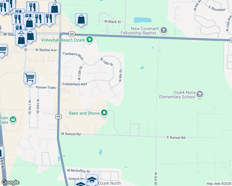 map of restaurants, bars, coffee shops, grocery stores, and more near 4809 North Brookshire Street in Ozark