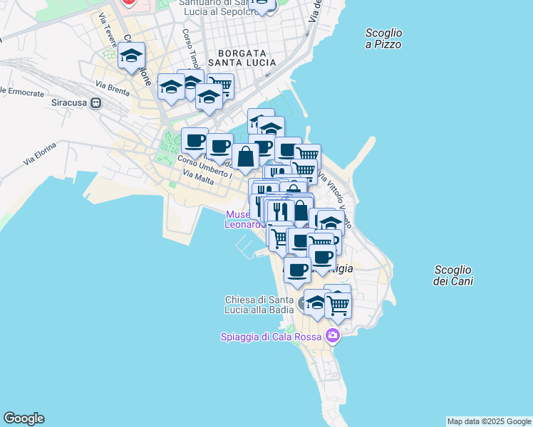 map of restaurants, bars, coffee shops, grocery stores, and more near 16 Via dei Mille in Siracusa