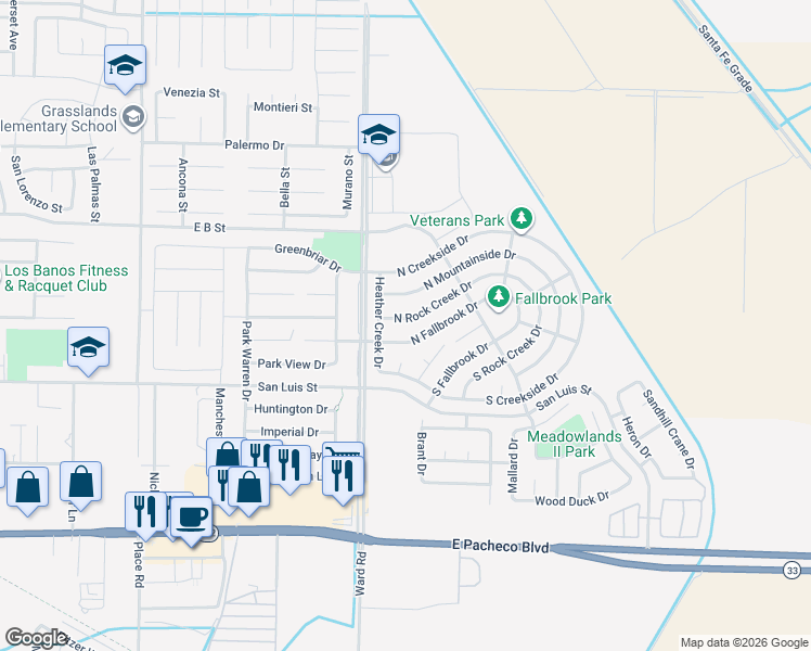 map of restaurants, bars, coffee shops, grocery stores, and more near 2335 North Rock Creek Drive in Los Banos