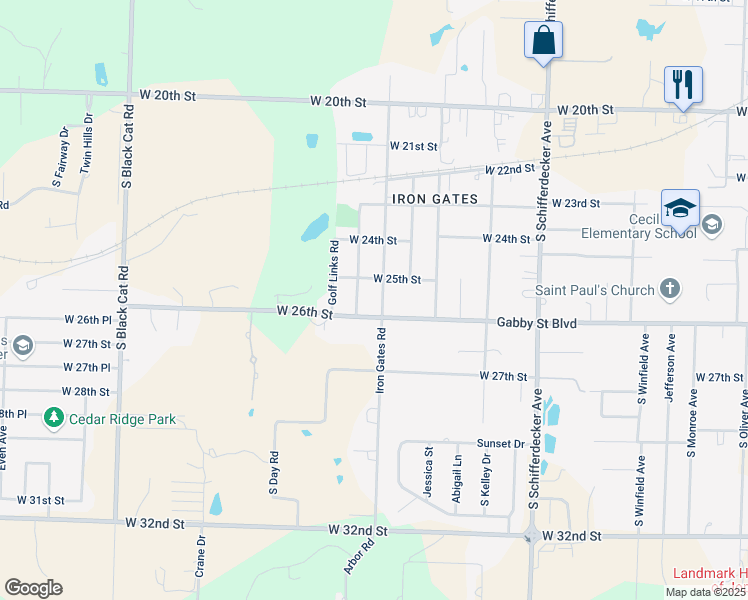 map of restaurants, bars, coffee shops, grocery stores, and more near 2510 Iron Gates Road in Joplin