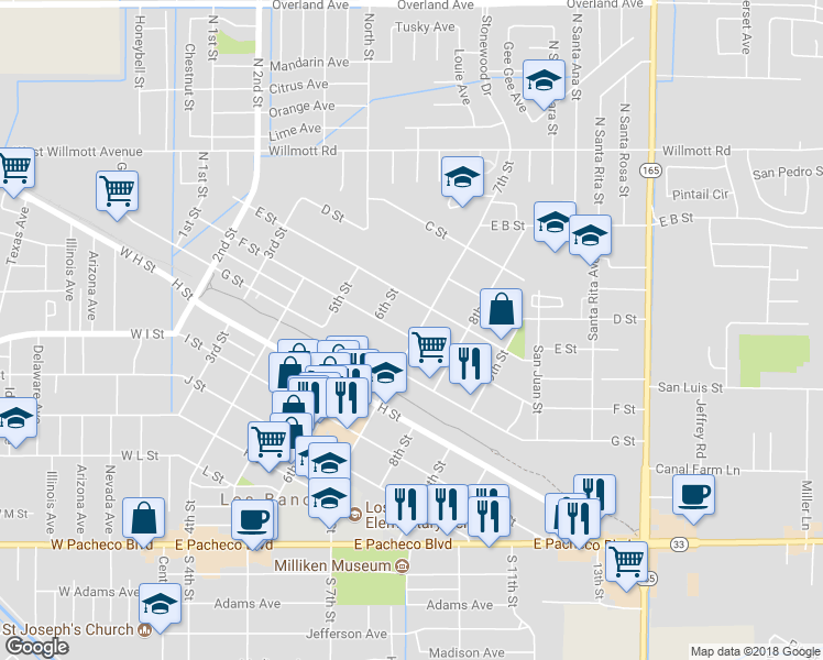 map of restaurants, bars, coffee shops, grocery stores, and more near 545 7th Street in Los Banos